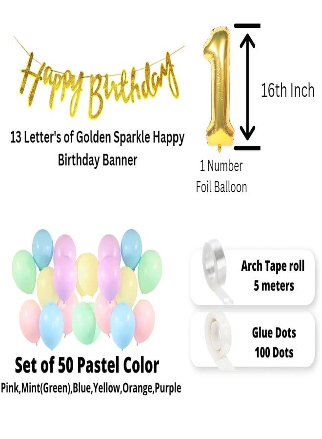 Flyloons 1St Pastel Happy Birthday Decoration Girls Kids Boys Glitter Golden Happy Birthday Banner,Pastel Balloons,Glue Dots,Arch Tape Birthday Decoration Items Room - Paper Banner,50 Pcs - Image 2